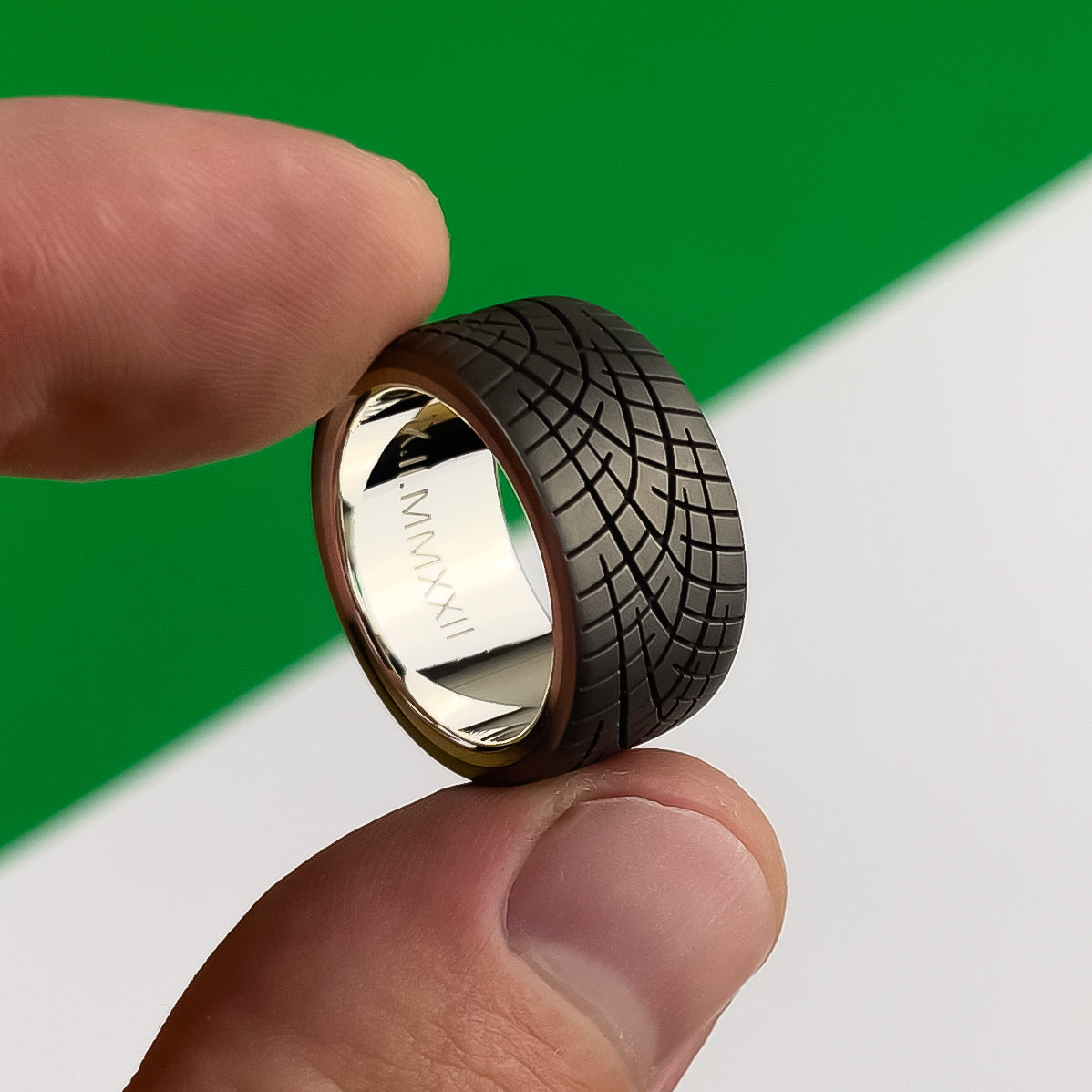 Race ring.Unique handmade tire tread rings. Mens rings. Titanium